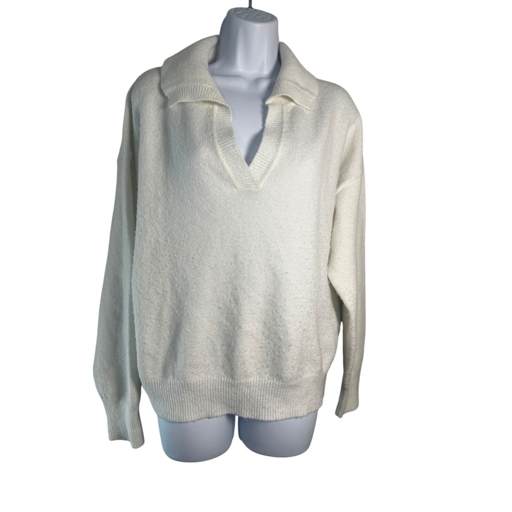 Elodie Womens V-Neck Polo Sweater Ivory Cream Fuzzy Knit Collared Size M - Picture 1 of 6